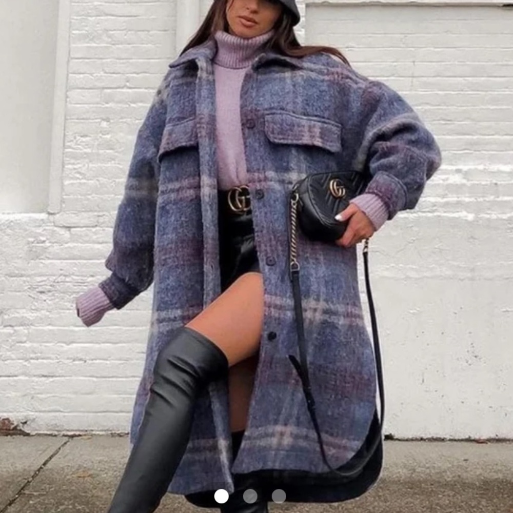 Plaid Long Shacket Coat in Lavender/Gray NWOT
